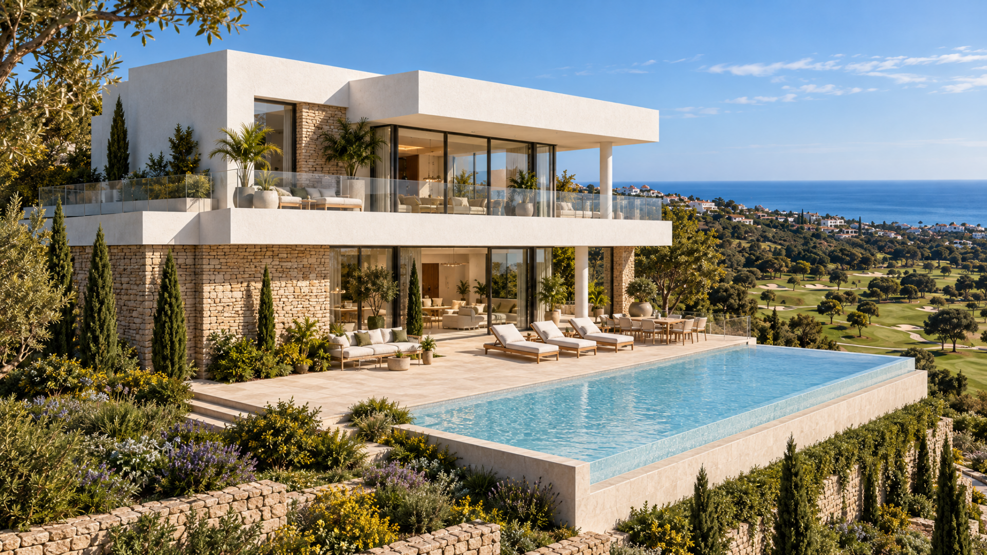 Villa Mirador: terrazas y piscina desbordante con vistas al mar