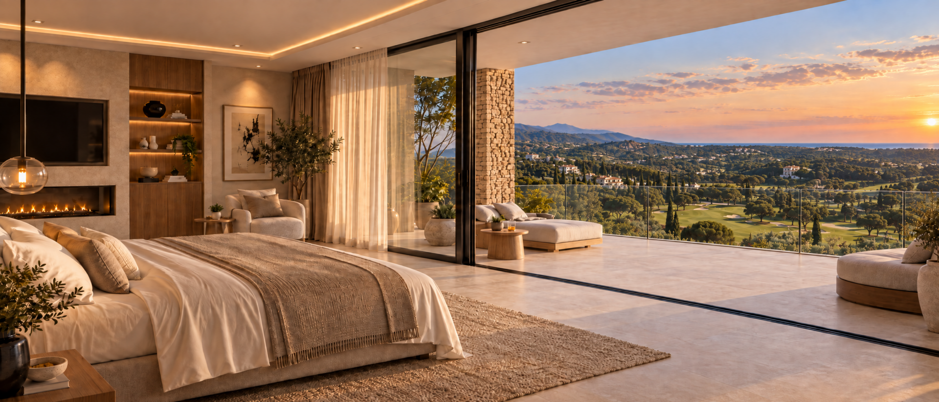 Villa Mirador: dormitorio abierto a la terraza con vistas al atardecer sobre el golf